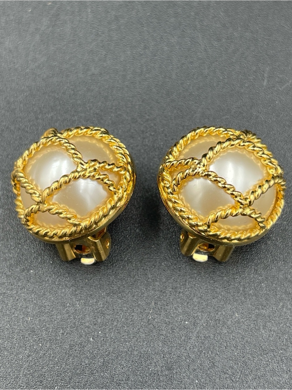 Joan Rivers gold tone caged faux pearl button clip-on earrings